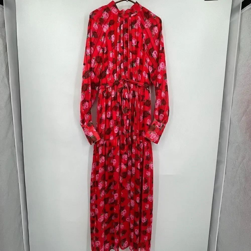 Urban Revivo Red Long Sleeve Floral Print Belted Maxi Chiffon Maxi Dress Size 6